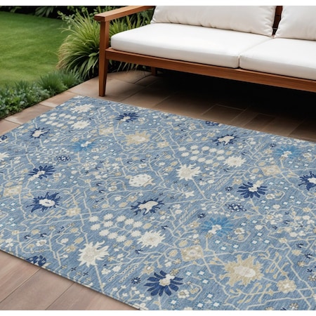 Homeroots 8' X 10' Denim Blue Ivory And Beige Oriental Washable Indoor Outdoor Area Rug 598037