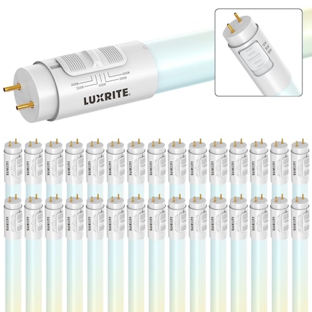 Luxrite 4FT LED Tube Light, T8, 12W/15W/18W, 5CCT 3000K-6500K, 1620/1950/2250LM, 220Deg., Ballast, 30PK LR34246