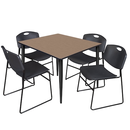 Regency Square Kahlo Breakroom Table W/ 4 Zeng Stack Chairs, 48 in W, 48 in L, Noble Oak TPL4848NOBK44BK