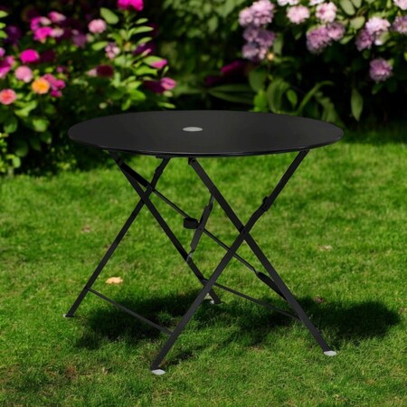 Homeroots 36" Black Rounded Aluminum Folding Outdoor Dining Table with Umbrella Hole 606431