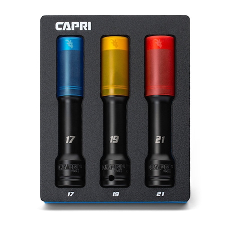 Capri Tools 1/2 in. Drive Extended Wheel Lug Nut Socket Set w/ Non-marring Protective Sleeve, 17, 19, 21mm, 3-Pc CP58105