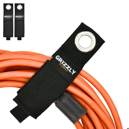 Grizzly Supply Storage Strap, 13 in L, 2 in W, Hook and Loop Closure, Metal Grommet, Reusable, Black, 2PK GS-HLSS13-0