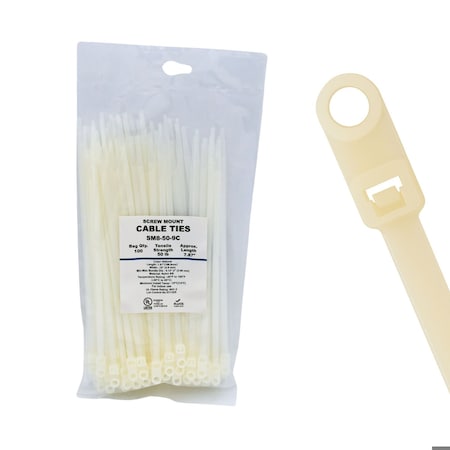 Cable Ties Unlimited Screw Mount Cable Tie, 8 in L, 50 lb Strength, 2.2 in Max Bundle Dia, Nylon, Natural, 100PK SM8-50-9C