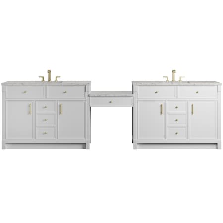 James Martin Vanities Bellshire 120" Dual Vanity Set w/24" Make-Up Counter, Bright White w/3 cm Eternal Jasmine Pearl Sile 660-VMC120-BW-FEJP