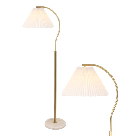 Jonathan Y Devon 60.5" Modern Glam Metal Arc LED Floor Lamp w/ Pleated Shade w/ Marble Base, Brass Gold/White JYL1148C