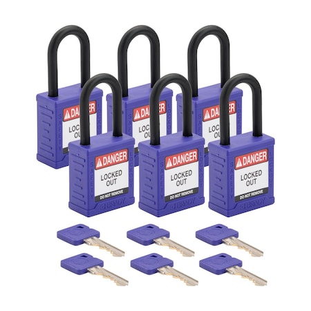 Brady Velocity Lockout Padlocks Nylon 1.5in Clearance KA Plastic Shackle Purple 6PK SDPL-PRP-38PL-KA6
