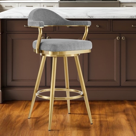Homeroots 26" Gray and Gold Fabric and Stainless Steel Counter Height Swivel Bar Chair 569154