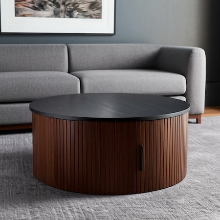 Homeroots 32" Black and Walnut Wood Round Drum Coffee Table 576841