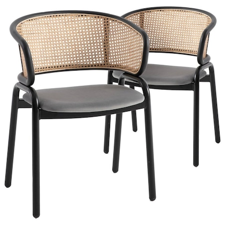 Leisuremod Ervilla Dining Chair with Stainless Steel Legs Velvet Seat and Wicker Back, Grey, 2PK EC20GR2