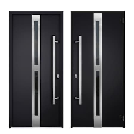 Vdomdoors Steel Door Deux 1755 Black Enamel 2 Sidelight Exterior Windows Stainless Inserts Single Modern Pain DEUX1755EXD-BLK-W12+36+12 x H80-Left-hand Inswing