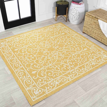 Jonathan Y Charleston Vintage Filigree Textured Weave Yellow/Cream 5 ft Square Indoor/Outdoor Area Rug SMB106L-5SQ