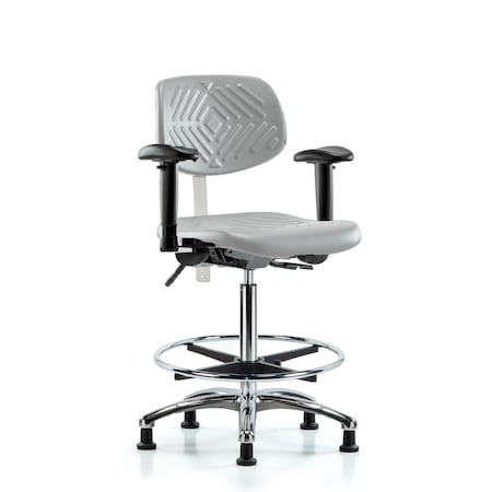 Blue Ridge Ergonomics CL100CleanRoom Chair-High Bench Ht with Seat Tilt, Adj Arms, Chrome FR, &Stat Glides in Gray Poly NCR-PHBCH-CR-T1-A1-CF-RG-GRY