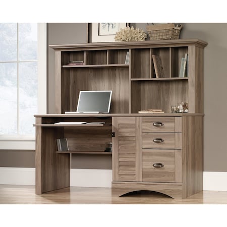 Sauder Computer Desk With Hutch, 57.52 in H, 62.126 in W X Salt Oak 415109