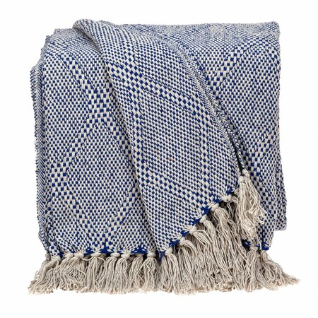 Homeroots Blue and Beige Woven Handloom Throw with Tassels 476218