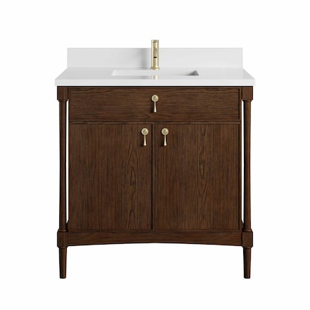 James Martin Vanities Kinnsden 36" Sgl Vanity, Sable Oak w/ Sgl Hole 3 CM White Zeus Silestone Top and Matching Backsplash D680-V36-SBK-1WZ