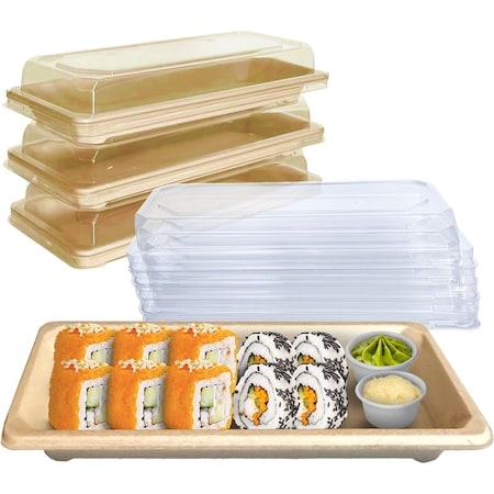 Ecoquality 0.6L Compostable Natural Sugarcane Bagasse With Lid Small Take Out Sushi Tray, 100PK EQ06LSUSHIWL-100