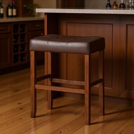 Homeroots Set of Two 31" Brown Faux Leather and Solid Wood Backless Bar Height Bar Chairs 632423