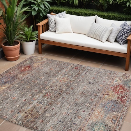 Homeroots 10' X 14' Gray Tan And Terra Cotta Floral Washable Indoor Outdoor Area Rug 606205
