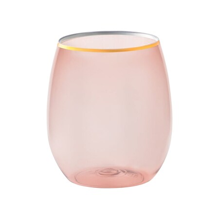 Smarty Had A Party Clear Pink with Gold Elegant Stemless Plastic Wine Glasses (12 oz.), 64PK 3712C-PG-CASE
