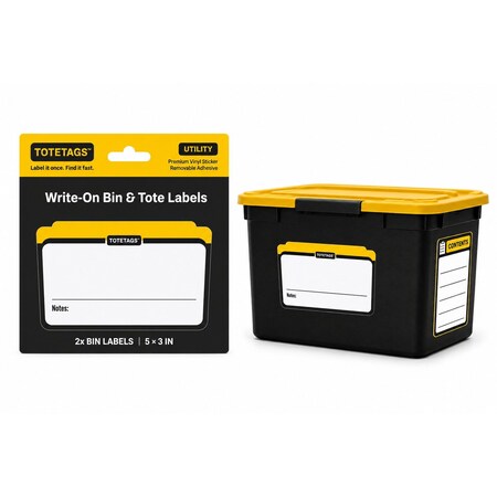 Totetags Storage Bin Labels, Write-On Tote Label, Includes Contents Sticker, Yellow, 1 Set, 5x3 in, 2PK TOTETAGS-1X1-YLW