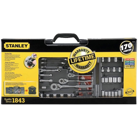 Stanley 1/4 & 3/8 & 1/2 in. drive Metric/SAE Socket and Ratchet Set 170 pc 96-011