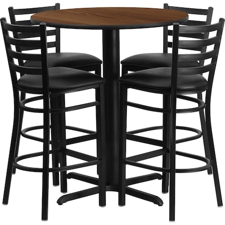 Flash Furniture Round Walnut Bar Table, X-Base w/Blk Seats, 30", 30" L, 30" W, 42" H, Laminate Top, Wood Grain HDBF1024-GG