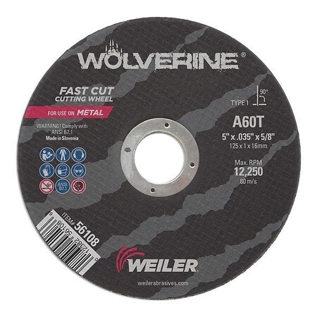 Weiler Abrasive Cutoff Wheel, Type 1, 5 in Dia, 0.035 in Thick, 5/8 in Arbor Hole Size, Aluminum Oxide 56108