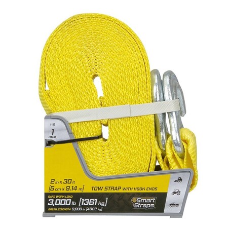 Smartstrap Tow Strap, 3000 lb, 2 in W, 30 ft L, Hook End, Nylon, Yellow 132