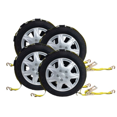 Mytee Products 2in x 10ft Ratchet Tire Strap w/ 3 Wire J Hooks and Rubber Blocks, 4PK RST-OTR-210WHx4
