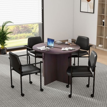 Boss Office Products BOSS 42" Round Table (Mocha Finish) Set with (4) Chairs with Arms and Casters in Black Vinyl Group127MOC-D