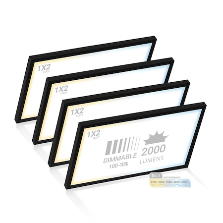 Nuwatt 1x2 LED Square Flat Surface Mount Panel Light, Dimmable, 2700K-5000K, 1500LM, Black Trim, 4PK NW-SM-1X2-22W-5CT-BLK-4P