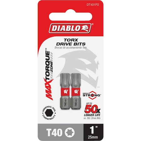 Diablo T40 TORX 1'' Insert Impact Screwdriver Bit, 2PK DT401P2