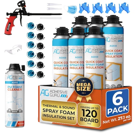 Adhesive Guru AG930S Insulation Foam Set, 6 Pack Spray Foam 32.8 oz. & 1 Foam Dispensing Gun & 1 Foam Cleaner adgr_AG930S_InsFoamSet_6pk
