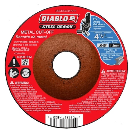 Diablo Steel Demon Cut-Off Disc, 4-1/2 in Dia, 0.045 in Thick, 7/8 in Arbor DBDS45045701F