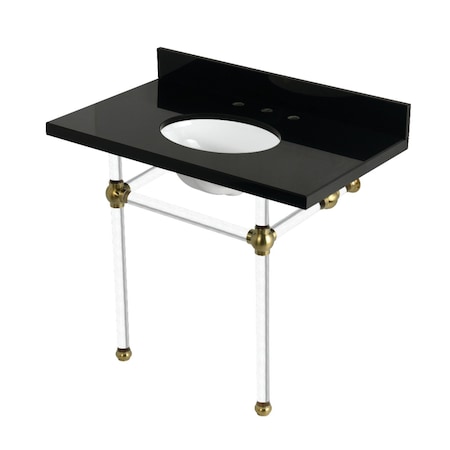 Kingston Brass 36" Black Granite Console Sink with Acrylic Legs, 8-Inch, 3-Hole, Black Granite/Brushed Brass KVPK3630KA7