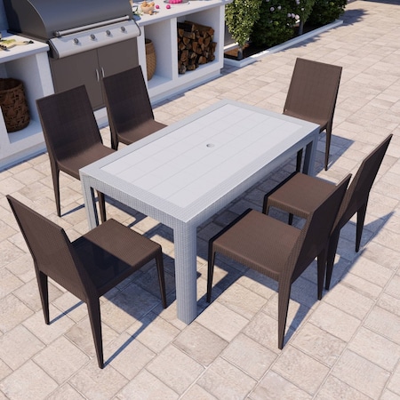 Leisuremod Mace 7-Piece Outdoor Dining Set with Rectangular Table and Stackable Chairs, White/Brown MT55WC19BR6