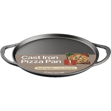 Bakkenmaster Bakken 14 in Cast Iron Pizza Pan, Pre-Seasoned, Oven, Grill & Stovetop Safe, Dual Handles BAKCASTPIZZA