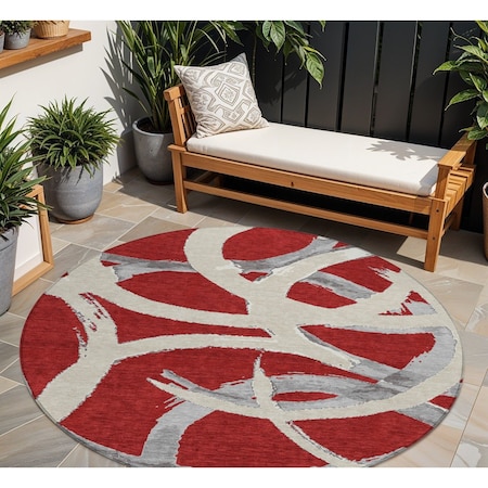 Homeroots 8' Red Beige And Gray Round Abstract Washable Indoor Outdoor Area Rug 599162