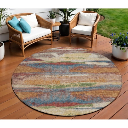 Homeroots 8' Orange Green And Gold Round Abstract Washable Indoor Outdoor Area Rug 612541
