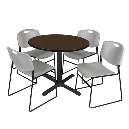 Regency Round Cain Breakroom Table W/ 4 Zeng Stack Chairs, 36 in W, 36 in L, Neo Walnut TB36RNDNW44GY