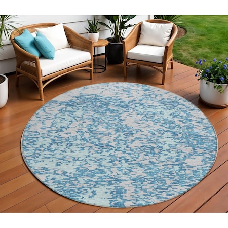 Homeroots 8' Teal Blue And Ivory Round Abstract Washable Indoor Outdoor Area Rug 612769
