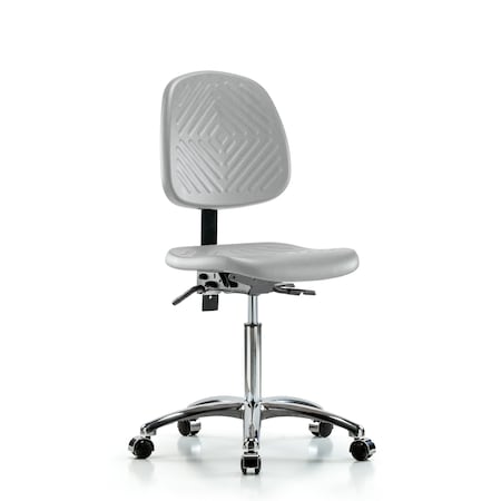Blue Ridge Ergonomics Polyurethane Chair Chrome - Medium Bench Height with Medium Back & Casters in Gray Polyurethane PMBCH-MB-CR-T0-A0-NF-CC-GRY