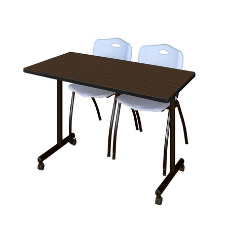 Regency Kobe Mobile T-Base Training Table W/ 2 M Stack Chairs, 48 in W, 24 in L, Neo Walnut MKTRCC4824NW47GY
