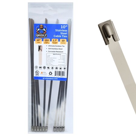 Grizzly Supply Cable Tie, 10 in L, 150 lb Strength, 2.6 in Max Bundle Dia, 316 Stainless Steel, Silver, 10PK GS-SSP10-LD-X