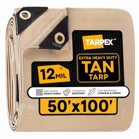 Tarpex Extra Heavy Duty Tarp, 100 ft x 100 ft, 12 Mil, Tan, Polyethylene THD-TA-50100