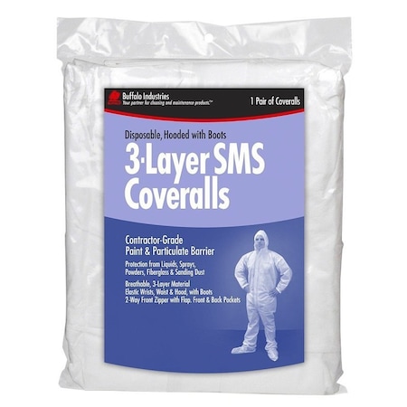 Buffalo Industries 3-Layer SMS Coveralls, L, Zipper, Polypropylene 68441