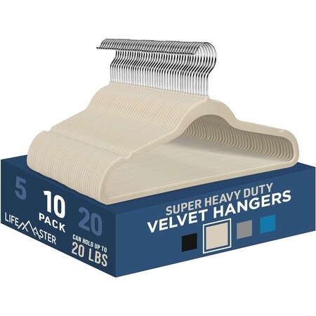 Lifemaster Velvet Hangers, Swivel Hook, Non-Slip, Heavy Duty, Holds 10 lbs, Ivory, 10PK LMVELIVO10