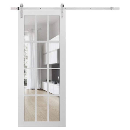 Sartodoors Sturdy Barn Door 12 lites Clear Glass, Felicia 3355 White Silk, 6.6FT Rail Hangers Heavy Hardware FELICIA3355BD-S-WS-3284
