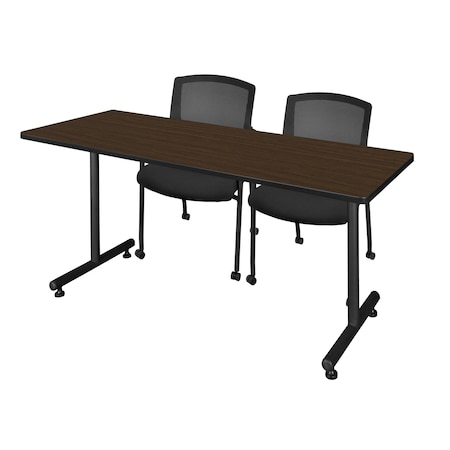 Regency Kobe T-Base Training Seminar Table W/ 2 Knight Mesh Chairs, 66 in W, 24 in L, Neo Walnut MKTRCT6624NW56CBK
