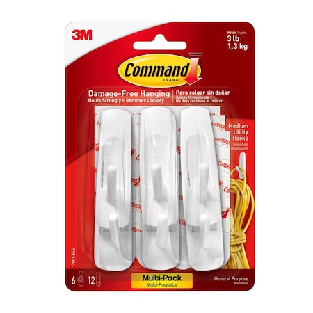 3M Command Medium Utility Hooks Multi-Pack, 6PK 7010335316